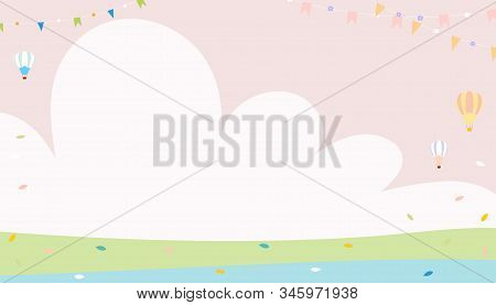 Vector Cute Cartoon Spring Background With Copysace On Green Field With Leaves Falling In Pastel Col