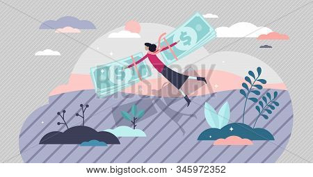 Money Freedom And Financial Independence Concept, Flat Tiny Rich Person Vector Illustration. Woman F