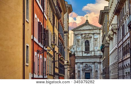 Rome, Italy. View at church Santa Susanna. Picturesque landscape in old historic district. Facade with entrance of antique temple.