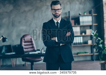 Photo Of Successful Handsome Business Guy Self-confident Person Company Trainer Arms Crossed Wear Sp