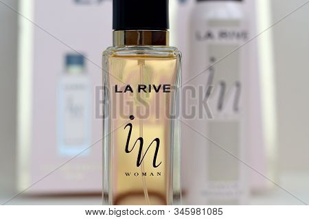 La Rive In Woman Deodorant And Perfume Bottles On Prefume Box Background. La Rive S.a. Is One Of The