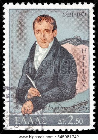 Luga, Russia - October 25, 2019: A Stamp Printed By Greece Shows Adamantios Korais - A Greek Scholar