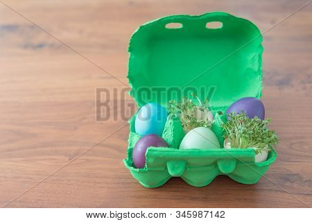 Decorative Handmade Easter Egg Present Box With Eggs And Cress. Beautiful Decoration Easternest Bask