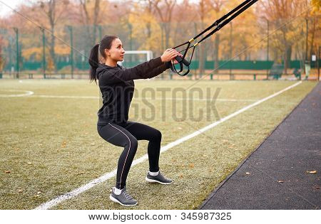 Girl Athlete Functional Training Sportground Mixed Race Young Adult Woman Workout Suspension System 