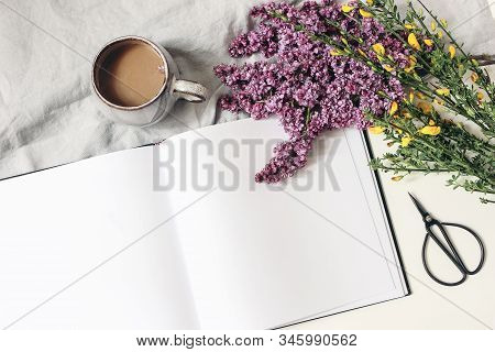 Styled Spring Breakfast Scene, Feminine Floral Composition. Bouquet Of Purple Lilac Branches, Yellow