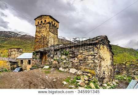 Traditional Svan Tower In Ushguli. Upper Svaneti, Unesco World Heritage In Georgia