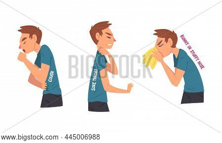 Man Having Cold Or Flu Symptom With Runny Nose And Sore Throat Vector Set