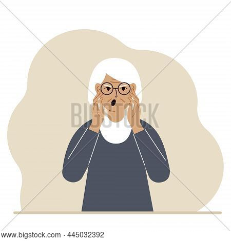 The Unhappy Grandmother Screams, Clutching His Head With His Hands. Emotions And Body Language Conce