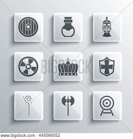 Set Medieval Axe, Target With Arrow, Shield, King Crown, Magic Staff, Round Wooden Shield, And Iron 