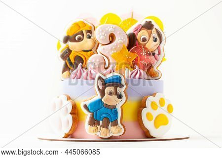 Kyiv, Ukraine - October 30, 2021: Paw Patrol Themed Cake On The White Background. Birthday Cake Deco