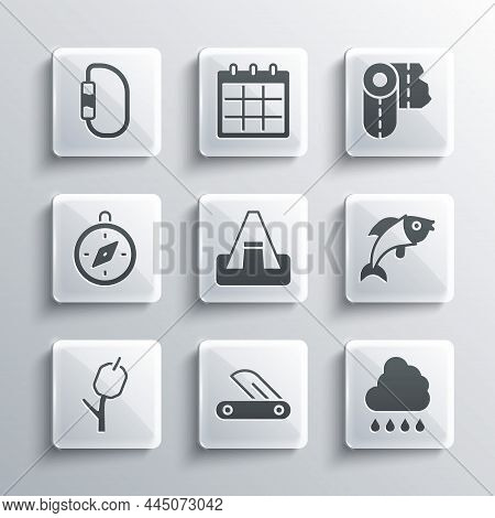 Set Swiss Army Knife, Cloud With Rain, Fish, Tourist Tent, Marshmallow On Stick, Compass, Carabiner 