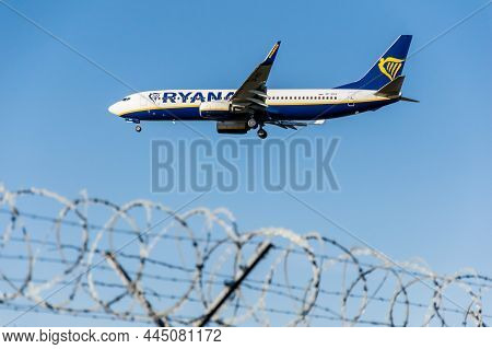 Pyrzowice, Poland -13.10.2021 - Landing Ryanair Plane At The Airport In Pyrzowice