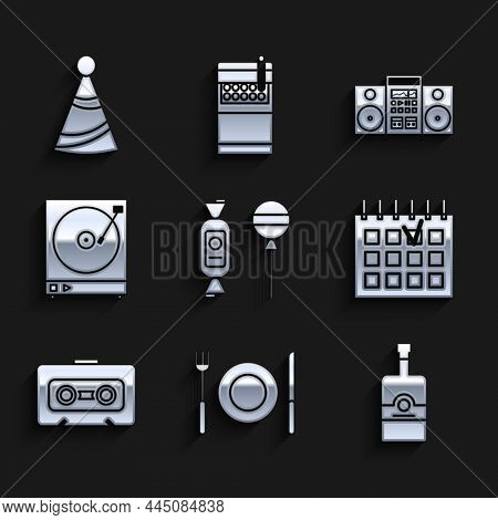 Set Lollipop, Plate, Fork And Knife, Whiskey Bottle, Detailed Calendar, Retro Audio Cassette Tape, V