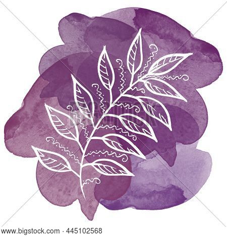 Floral Botanical Isolated White Leaf Illustration Element On Watercolor Purple Splash And Blot. Line