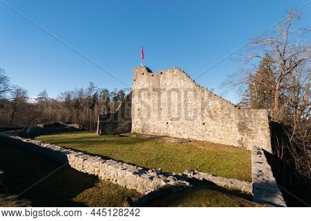 Schellenberg, Liechtenstein, December 31, 2021 Historic Old Castle Ruin From The Mid Age