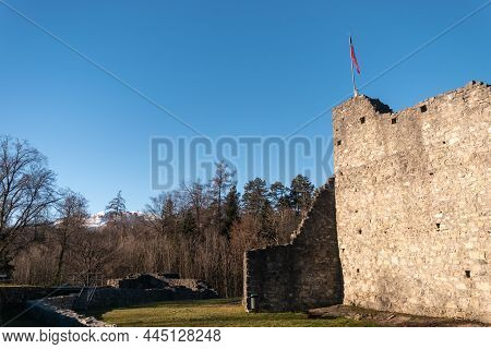 Schellenberg, Liechtenstein, December 31, 2021 Historic Old Castle Ruin From The Mid Age