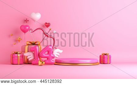 Happy Valentines Day Display Podium Background With 14 Number Wing, Gift Box, Bow Arrow, Heart Shape