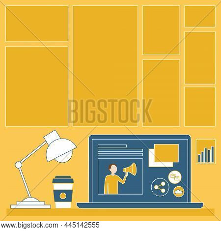 Laptop Resting On A Table Beside Coffee Mug And Desk Lamp Showing Work Process. Minicomputer Sitted 