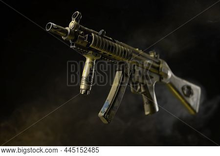 Mp5 Submachine Gun Isolated On A Dark Background In Smoke
