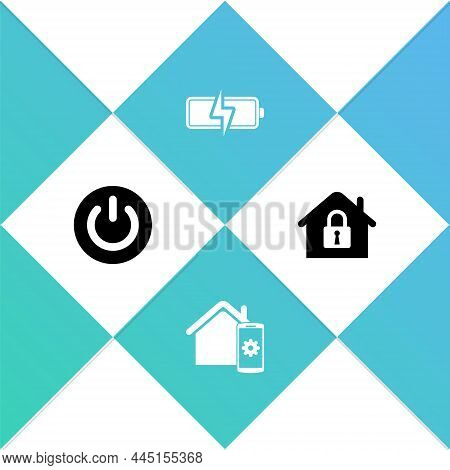 Set Power Button, Smart Home Remote Control System, Battery And House Under Protection Icon. Vector