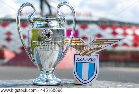June 14, 2021, Rome, Italy. S.s. Football Club Emblem Lazio And The Uefa Champions League Cup Agains