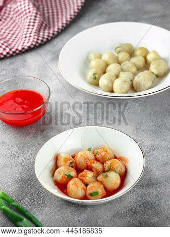 Cimol In White Bowl Seasoned With Chili Sauge Cimol Is A Snack Made From Tapioca Flour This Food Is 