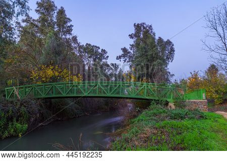 Sunset View Of A Footbridge At The Origin Point Of The Jordan River, Were The Streams Hasbani, Dan, 