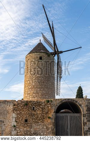 Old Windmill Made Of Stone, In The Majorcan Town Of Llucmajor, Spain