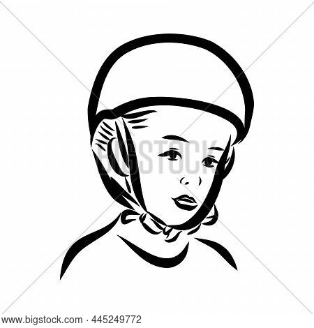 Safety Bike Helmet Hand Drawn Black And White Vector Illustration. Retro Headwear, Casque Sketch. Cy