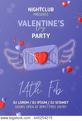 Happy Valentine's Day Party Poster. Vector Illustration With Purple Envelope, Angel Neon Wings, Red 