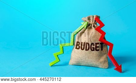 Budget Bag And Up Down Arrows. Debits Credits. Income And Expenses, Profit And Loss. Budget Implemen