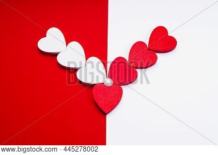 Red And White Hearts On A Mixed Background Red And White.mixed Love.love Triangle Or Polygamy, Polyg