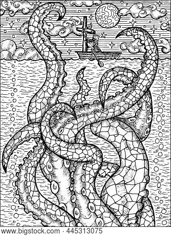 Black And White Fantasy Illustration Of Sea Monster Leviathan And Monk With Cross On The Boat. Nauti