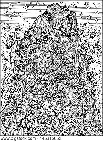Black And White Illustration Of Beautiful Underwater Mountain, Reef Or Shelf With Corals, Seagrass A