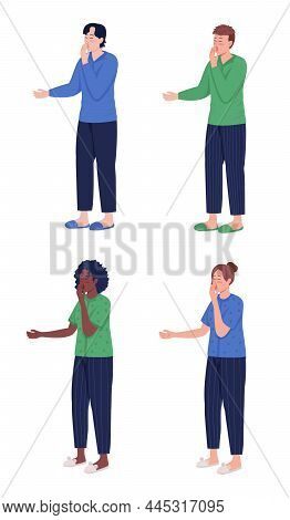 Yawning Person Semi Flat Color Vector Character Set. Posing Figure. Full Body People On White. Tired