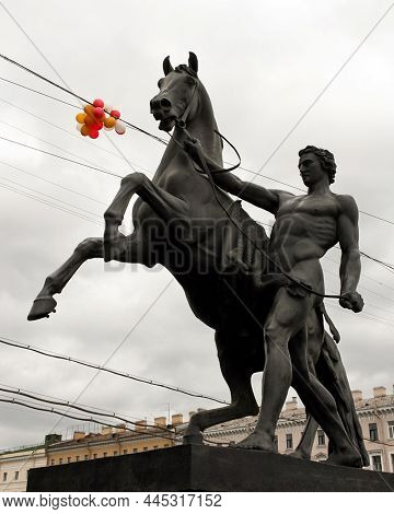 St. Petersburg, Russia - June 25 2007: Sculpture Tamer Of Horses At The Anichkov Bridge, Designed By