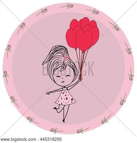 Hand Drawn Cute Girl For T Shirt Printing With Light Pink