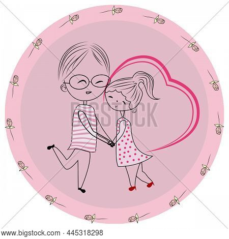 Hand Drawn Cute Love Couple For T Shirt Printing