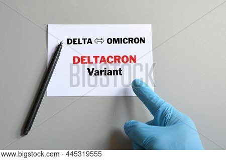 Doctor's Hand In Blue Glove With White Paper And Text Deltacron Variant. Concept Of Medical Variety 