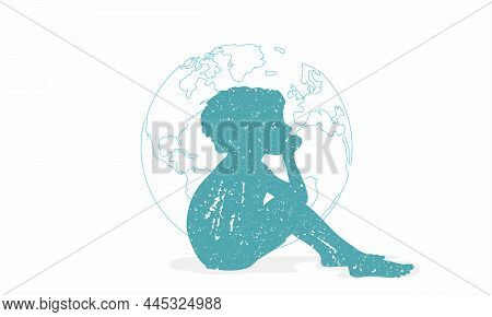 Vector Of Poor Staring Hungry Orphan Child. World War Refugee Kid, Street Beggars. Editable Illustra