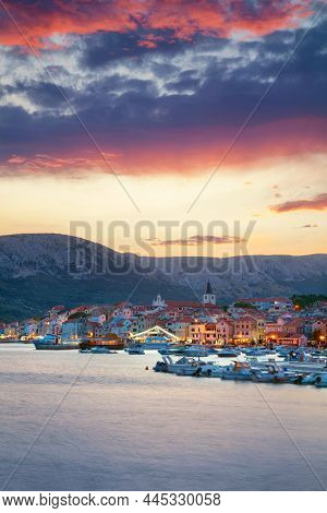 Baska, Krk Island, Croatia. Cityscape Image Of Baska, Croatia Located On Krk Island At Summer Sunset