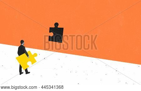 Contemporary Art Collae. Businessman Joining Puzzle Elements Symbolizing Teamwork, Achievement