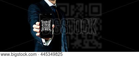 Qr Code Mobile. Digital Mobile Smart Phone With Qr Code Scanner On Smartphone Screen For Online Pay,