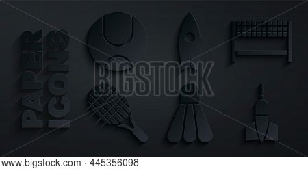 Set Badminton Shuttlecock, Ribbon Finishing Line, Tennis Racket, Dart Arrow, Surfboard And Ball Icon