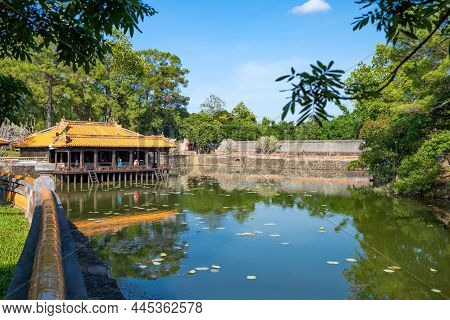 Hue, Vietnam - November 22, 2019: The Tu Duc Imperial Mausoleum Architectures And Lake
