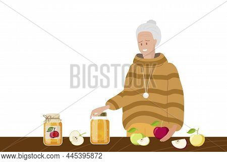 Fruit Conservation. Elderly Woman Standing At Table. Jar Of Compote, Apple Fruits On Table. Grandmot