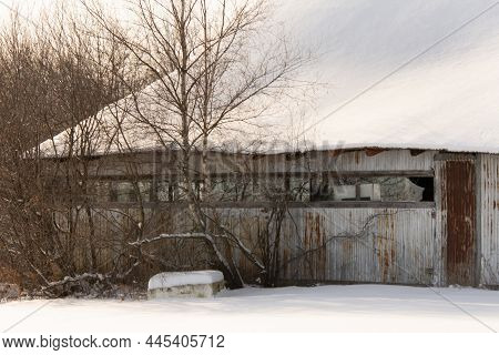 Barn On A Farm In The Winter Canadian Countryside In Estrie, Quebec, Canada