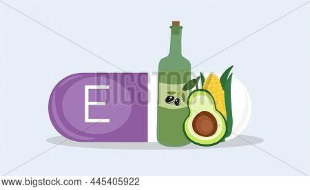 Sources Of Vitamins Concept. Capsule With Fat Soluble Vitamin E, Olive Oil, Corn And Avocado. Health