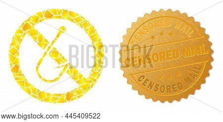 Golden Mosaic Of Yellow Parts For Forbidden Fishing Hook Icon, And Gold Metallic Censored Mail Badge