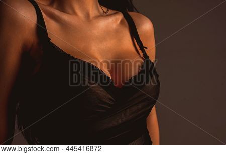 Women With Sexy Breas, Boobs In Bra, Sensual Tits. Beautiful Slim Female Body. Lingerie Model. Close
